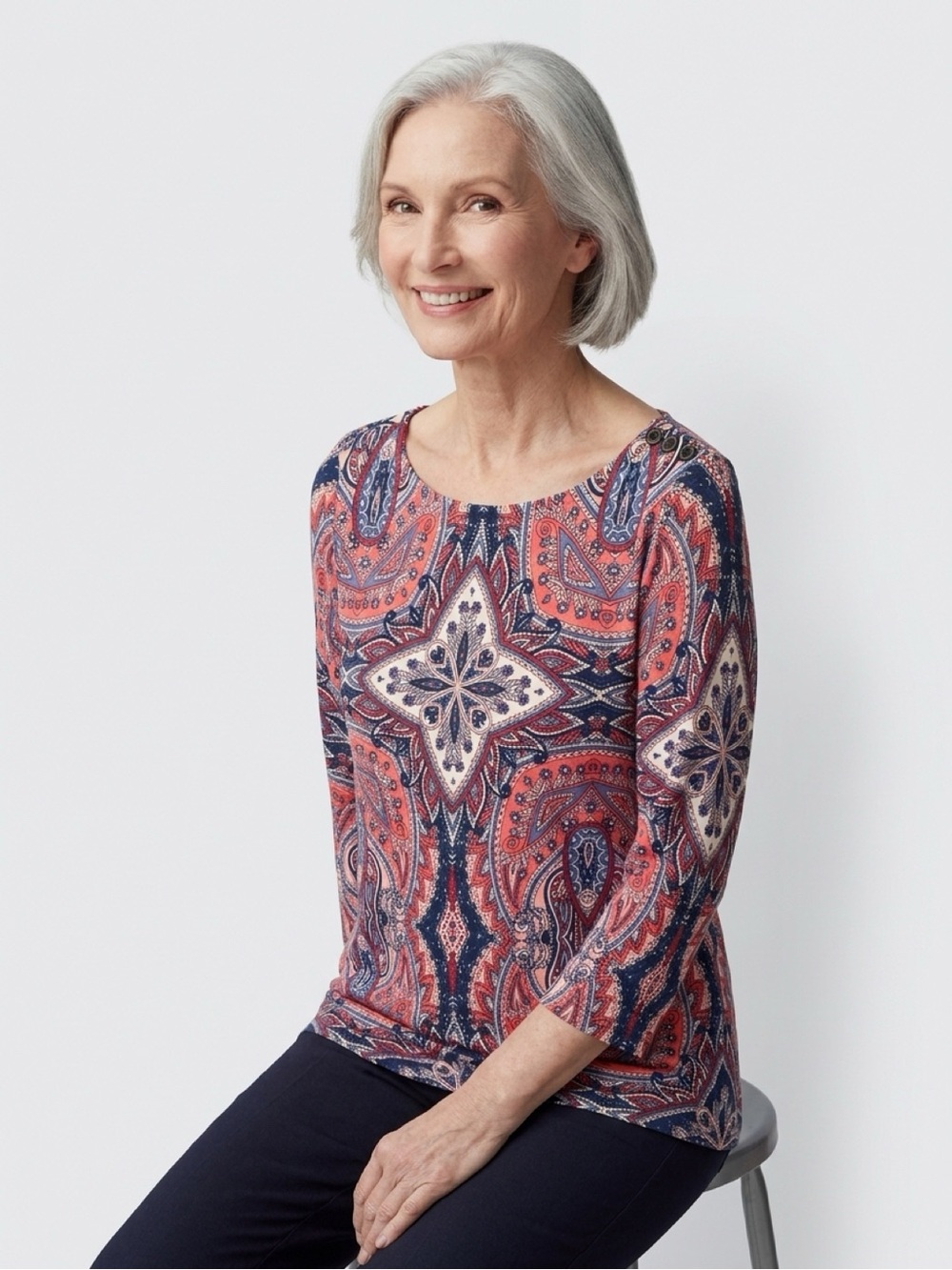 Charter Club Paisley Tunic Top in Coral and Navy